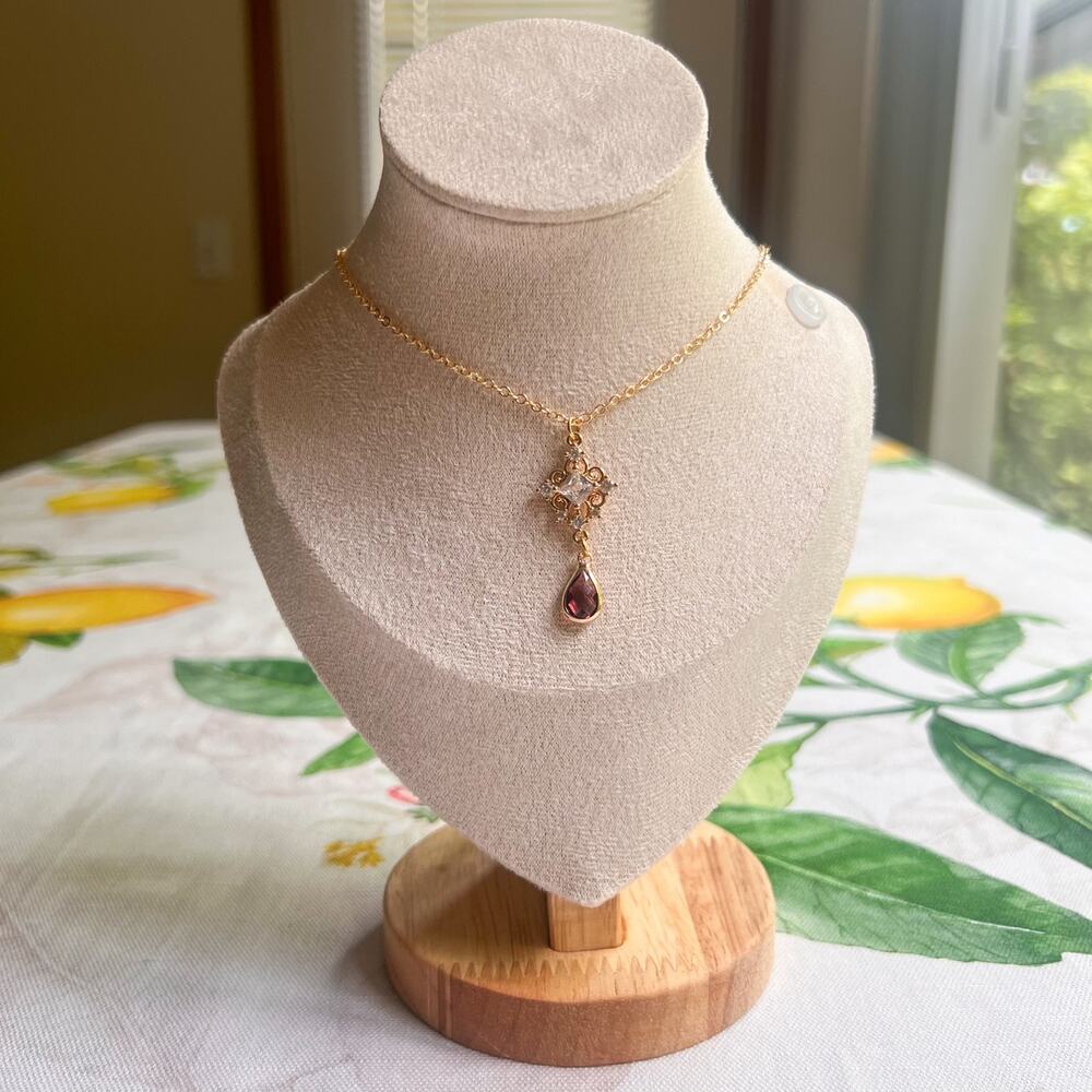 Garnet Ruby Boho Bridal Necklace Teardrop, Bridgerton Jewelry, Dainty Romantic